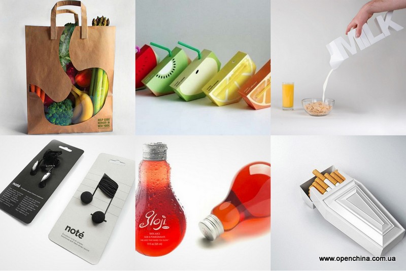 Примеры креативной упаковки: пакет, фруктовые соки, упаковка для молока,  наушники, бутылка для сока и пачка сигарет против курения